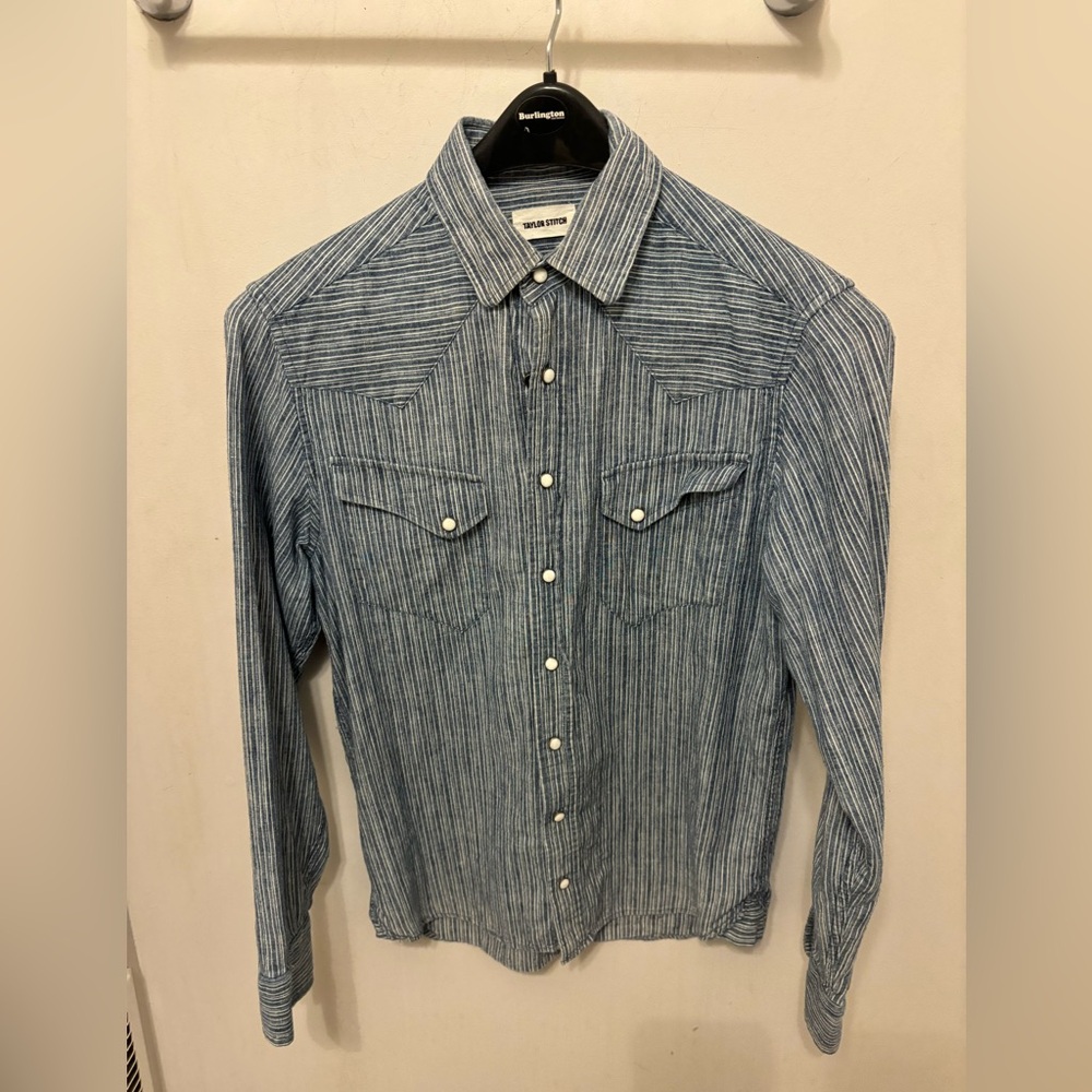 Taylor Stitch Striped Hemp Blend Western Shirt Mens 38 Small Pearl Snap Rancher